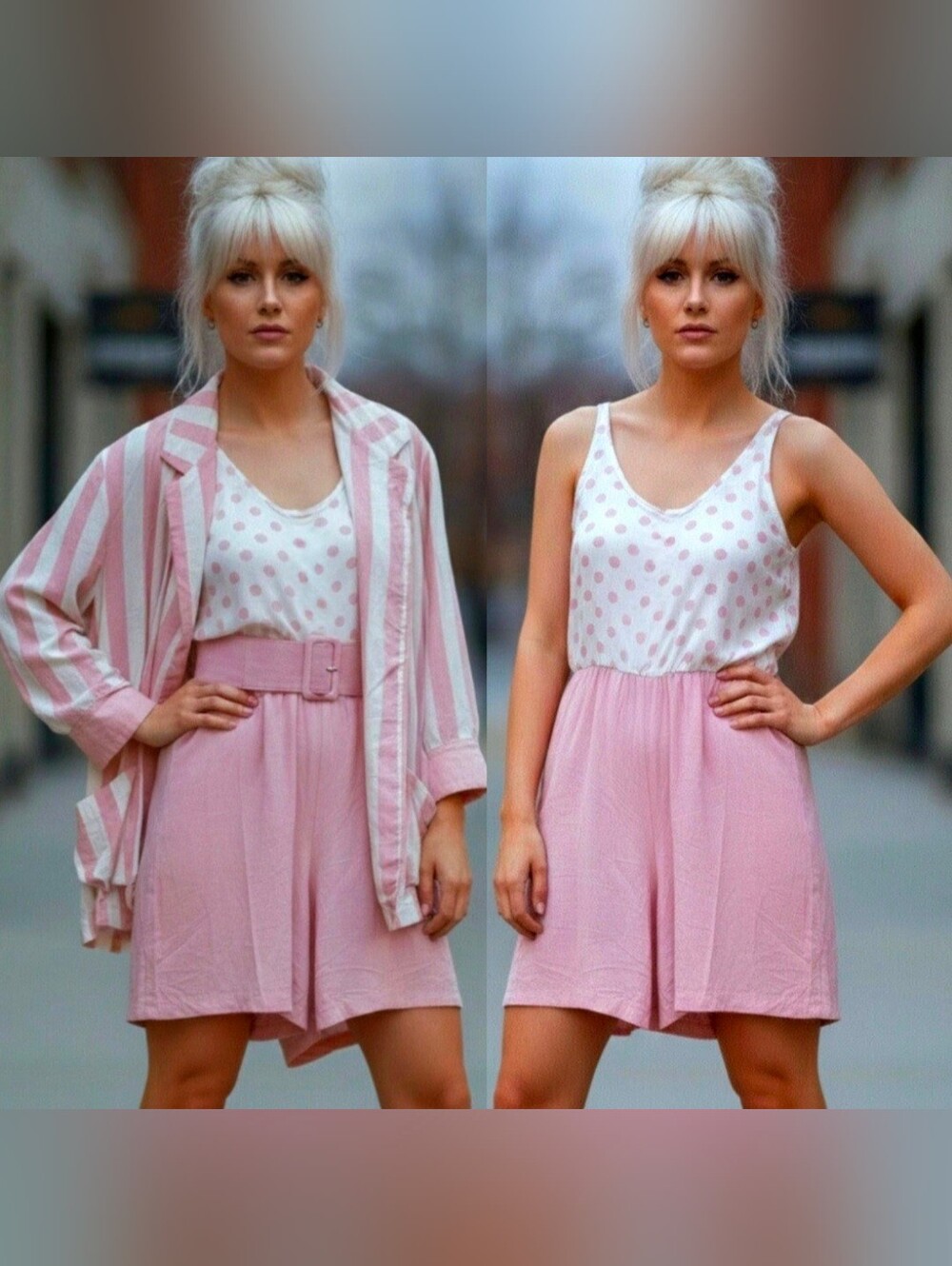 Vtg 80s En Focus Barbie Pink Polka Dot Romper Pink White Stripe Blazer Set 6/8